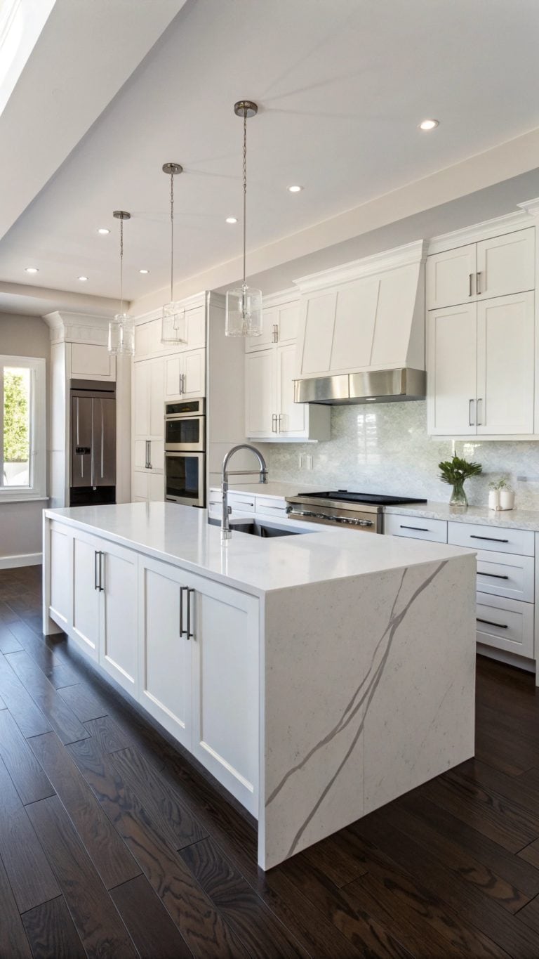 white kitchen with dark floors