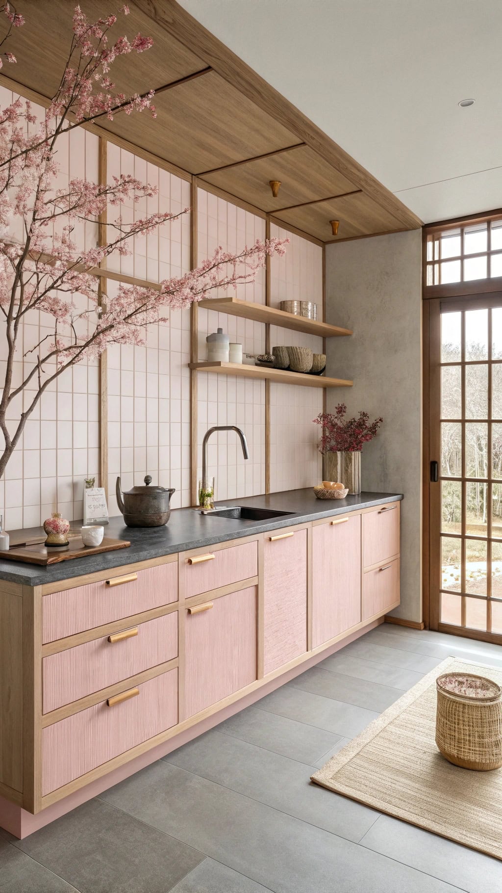 zen inspired pink bamboo kitchen
