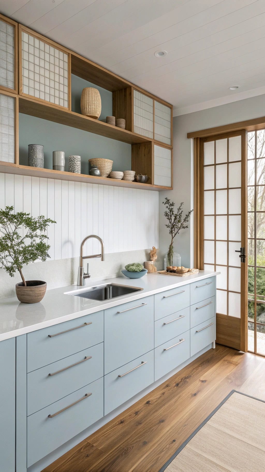 zen inspired powder blue kitchen