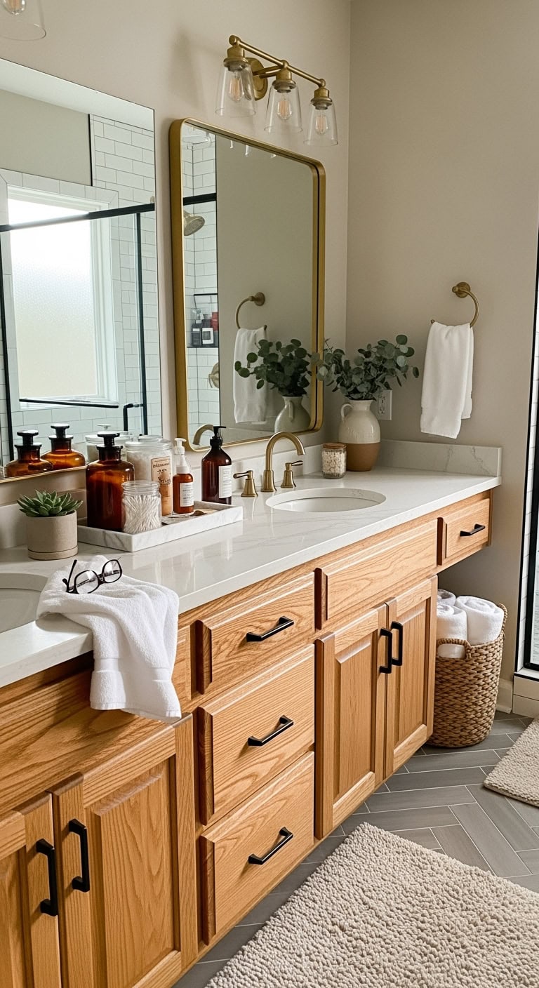aged oak vanity exudes sophistication