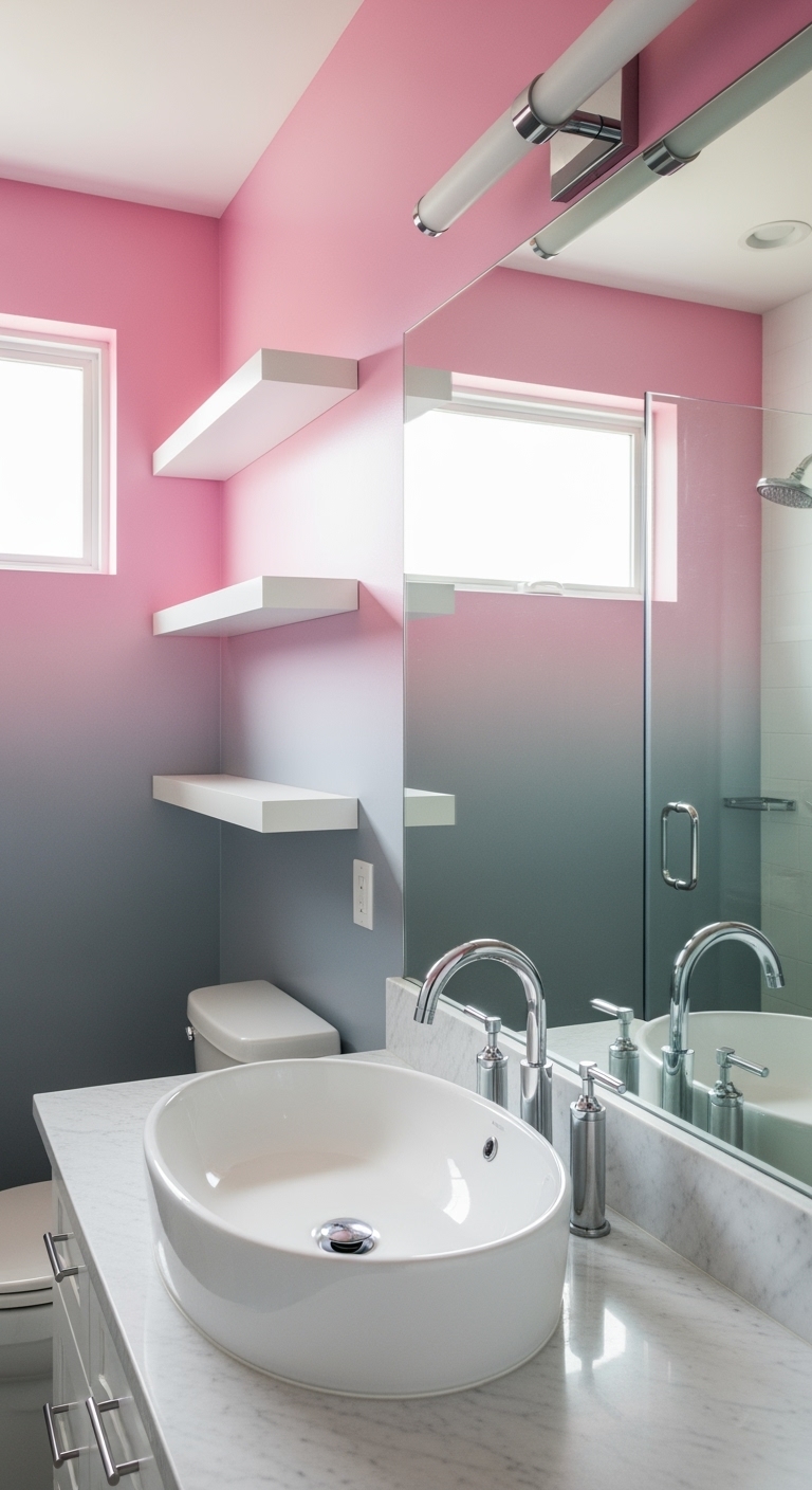 a bathroom with pink walls and a shower