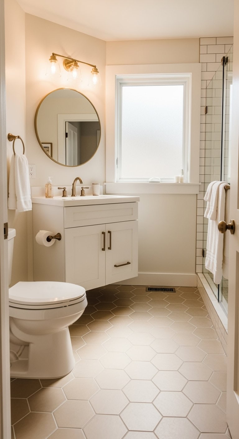 beige hexagonal tiles chic bathroom statement