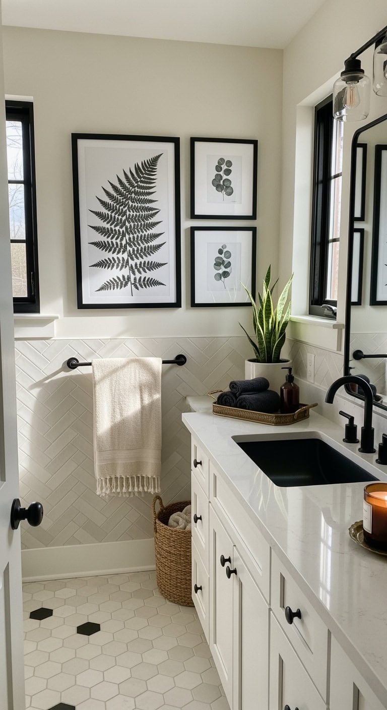 botanical monochrome bathroom wall decor