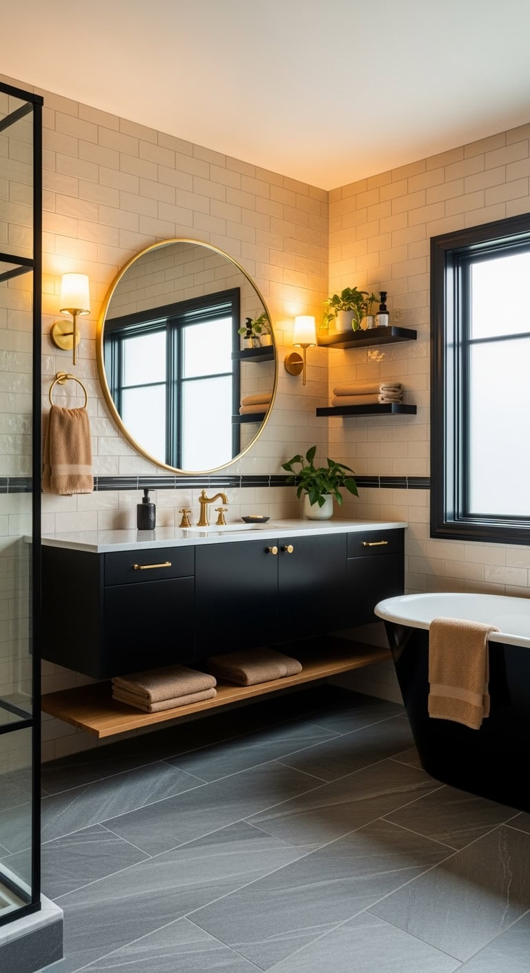 brass framed black vanity mirror statement