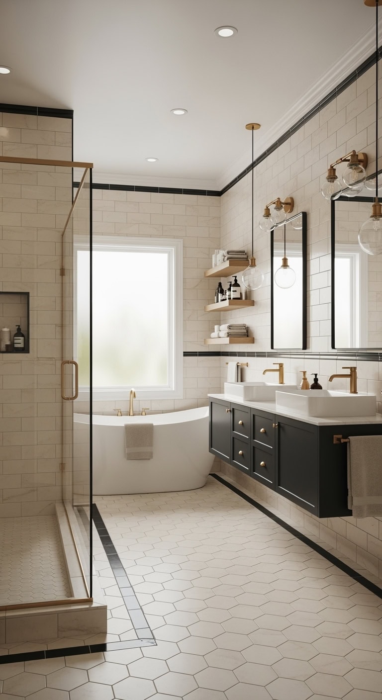 charcoal grout beige tiles statement feature