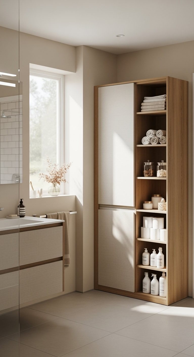 clutter free bathroom storage in beige