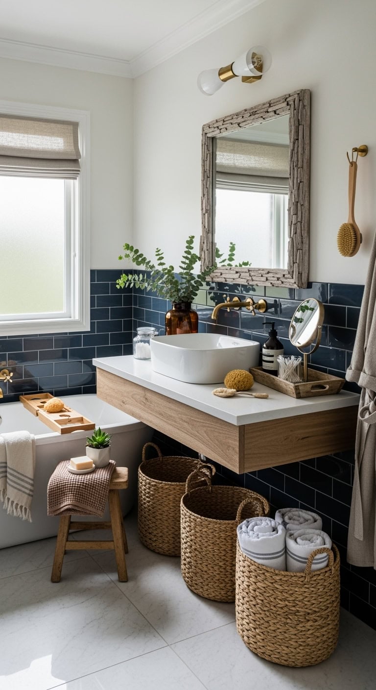 coastal chic seagrass and navy tiles