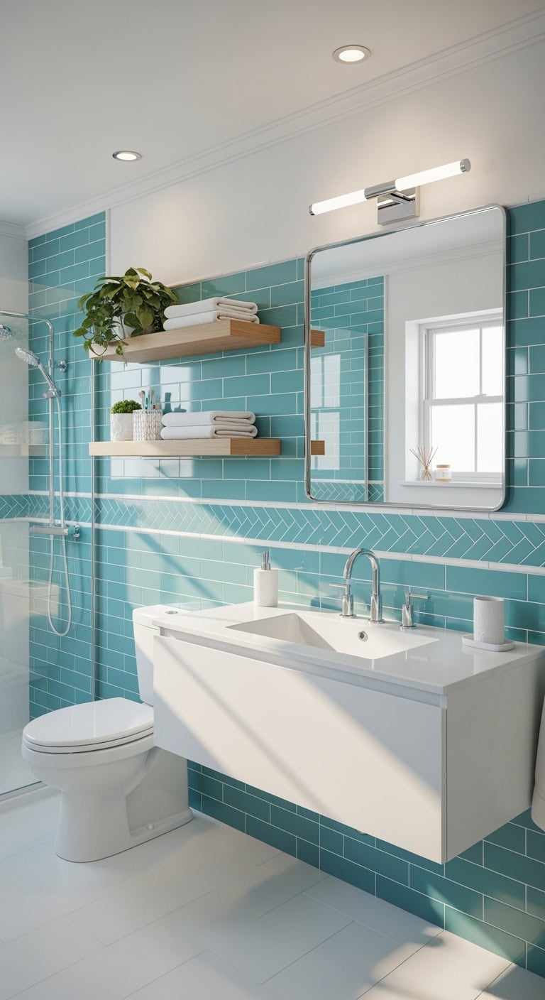 coastal cool aqua subway tile backsplash