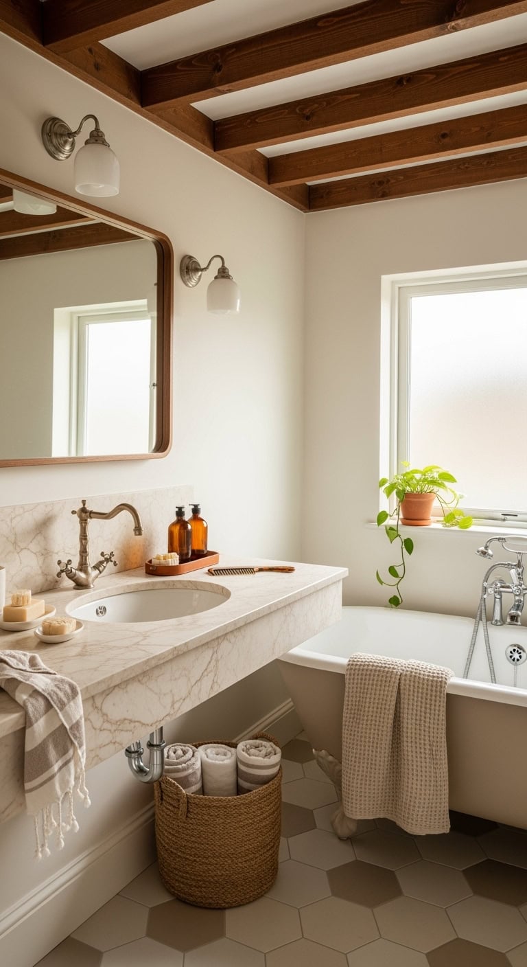 cozy sophisticated bathroom ceiling beams