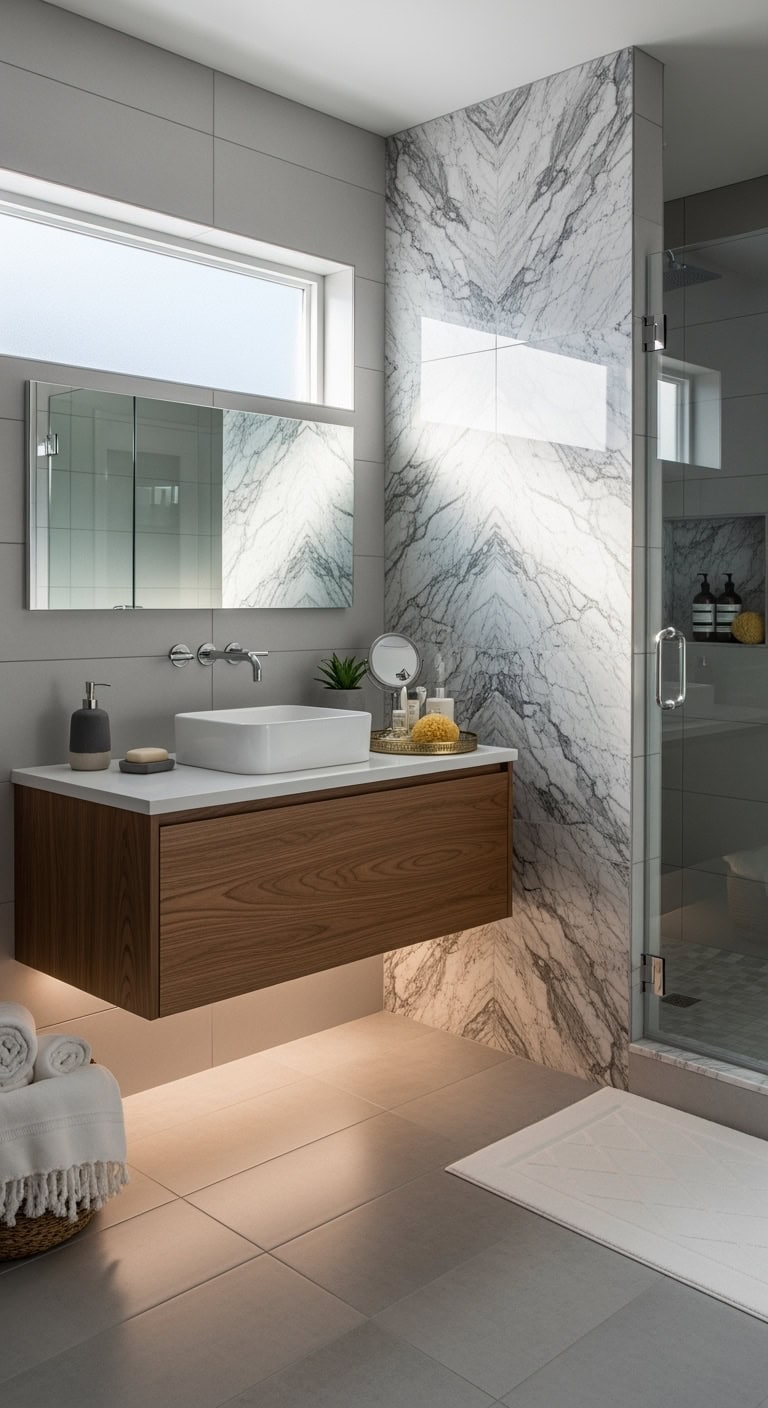 dramatic bookmatched luxurious bathroom statement walls