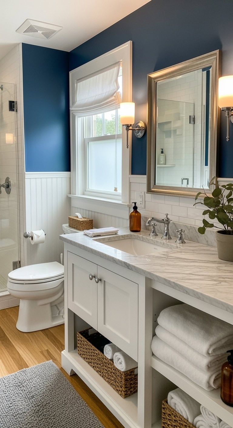 dramatic marble countertops against navy walls