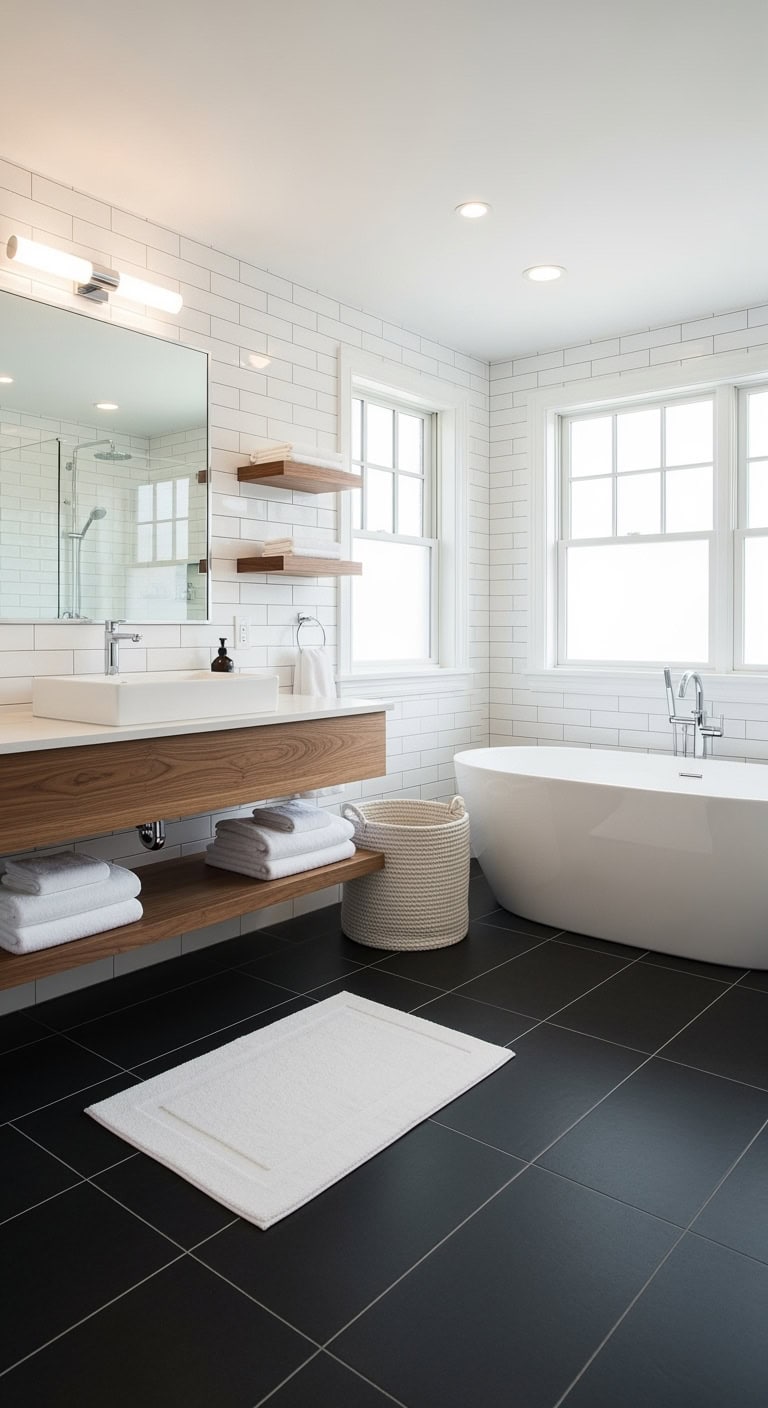 dramatic moody minimalist bathroom flooring