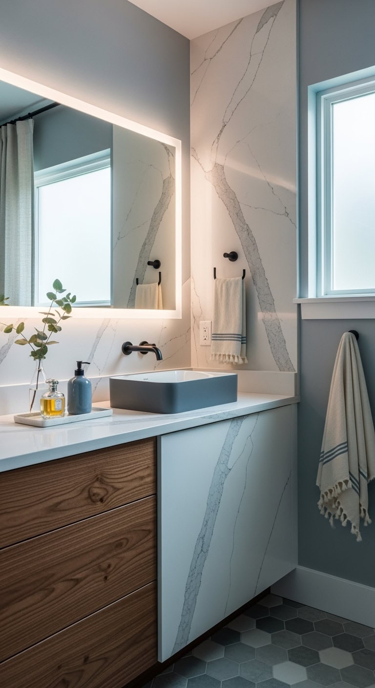 dramatic statement making quartz backsplash
