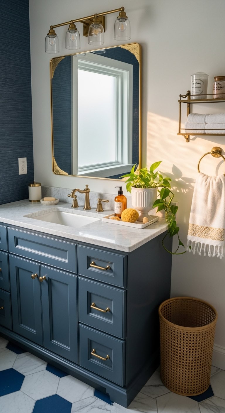 elegant gold accented navy vanity
