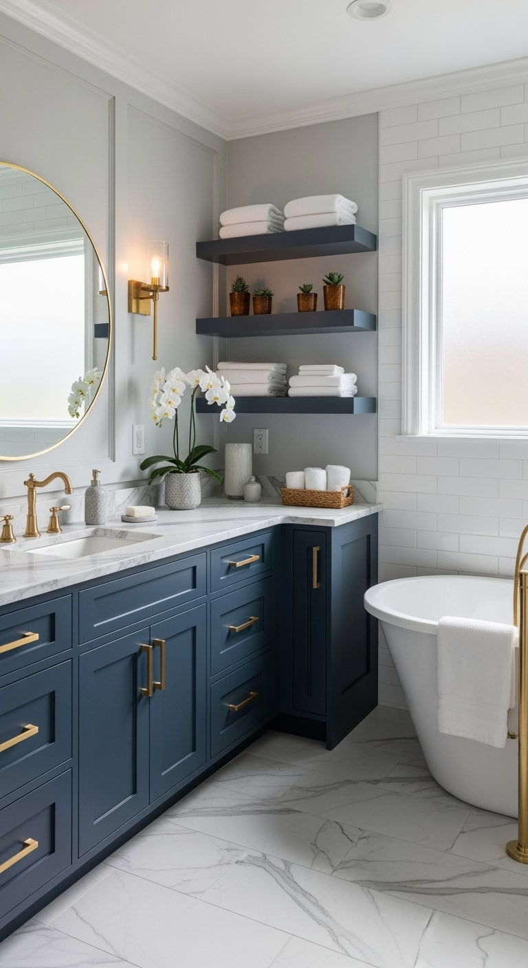 elegant navy vanity with gilded accents