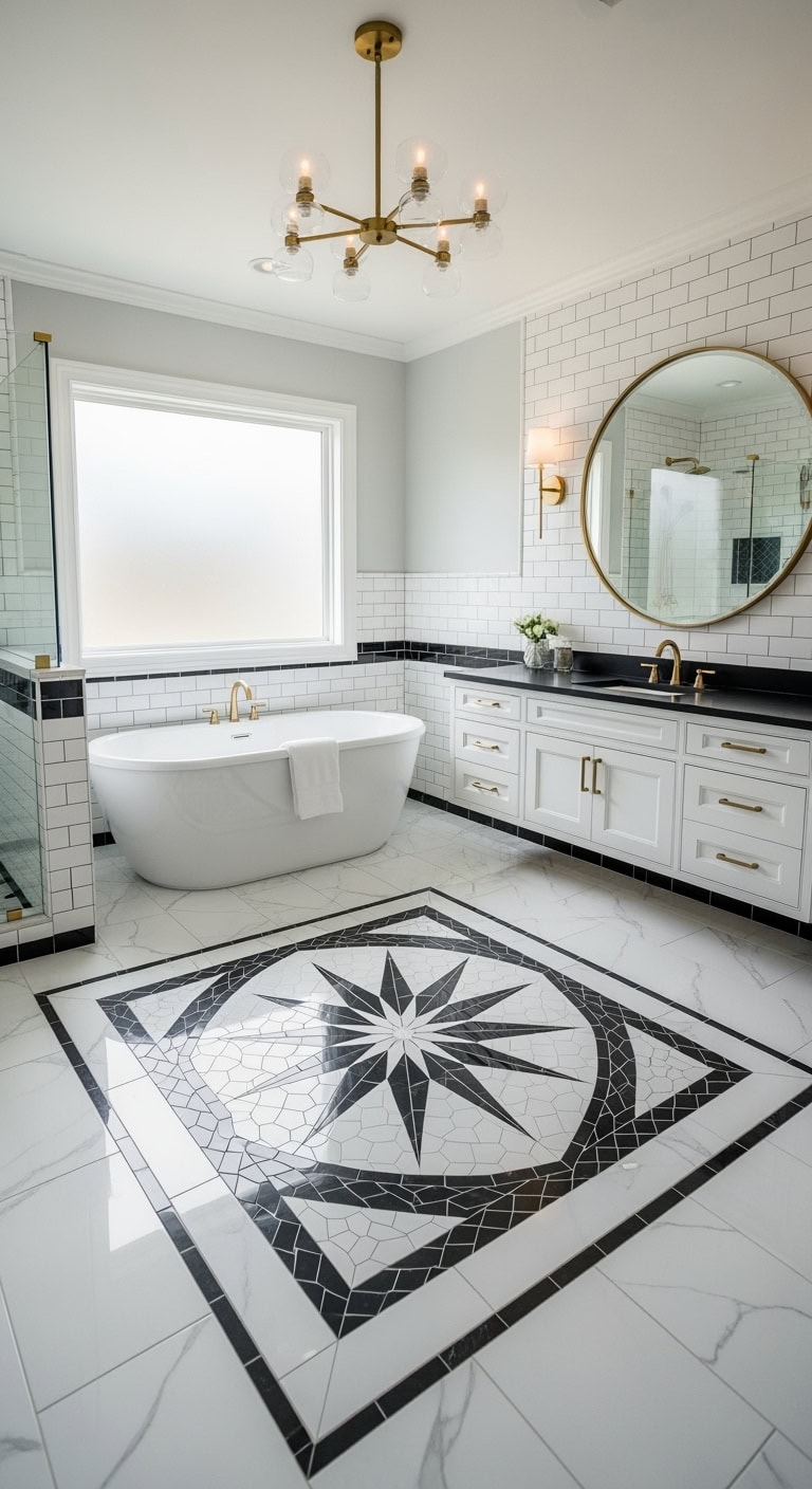geometric floor medallion creates bathroom focal point