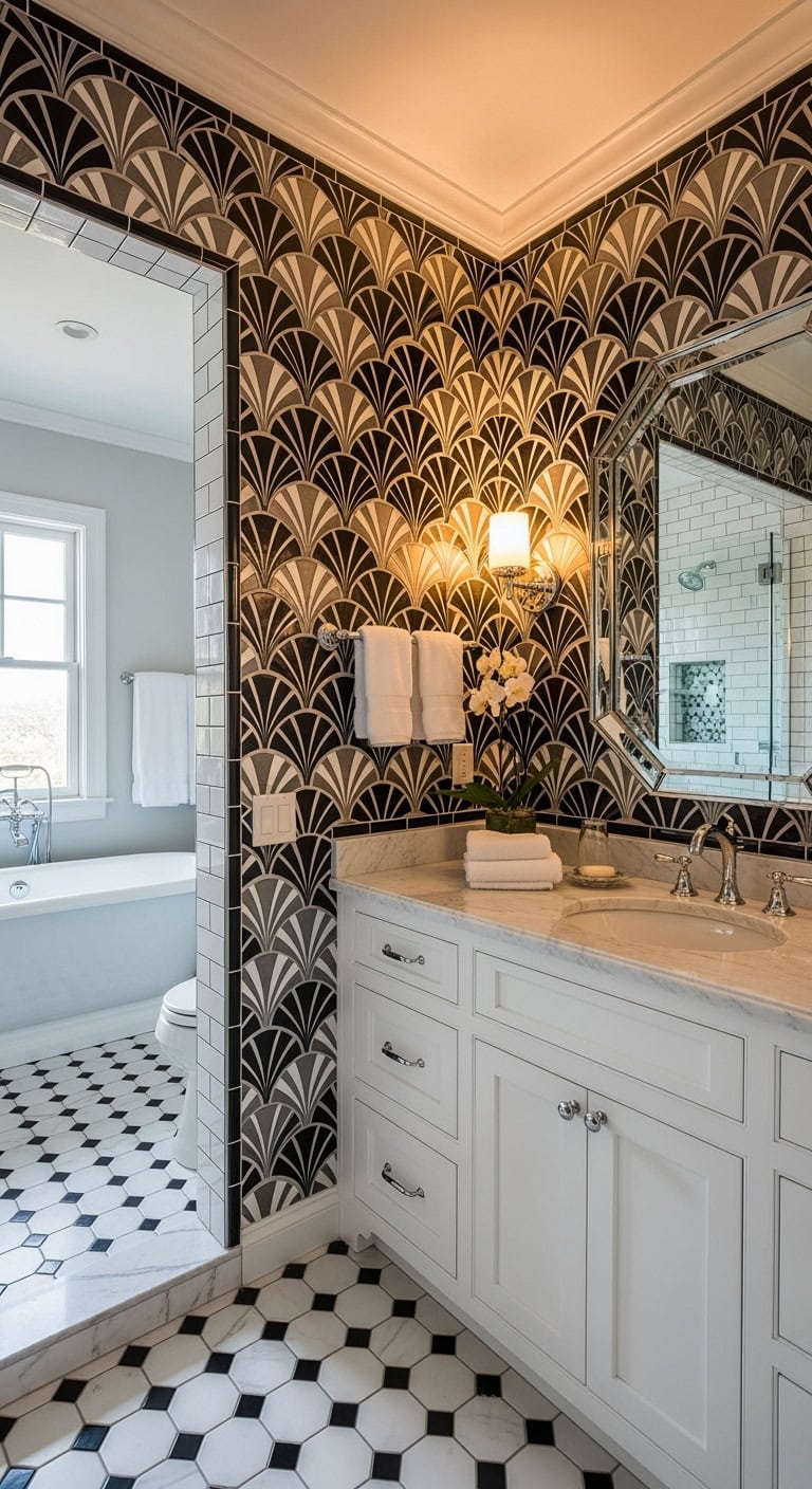 glamorous art deco vanity backsplash