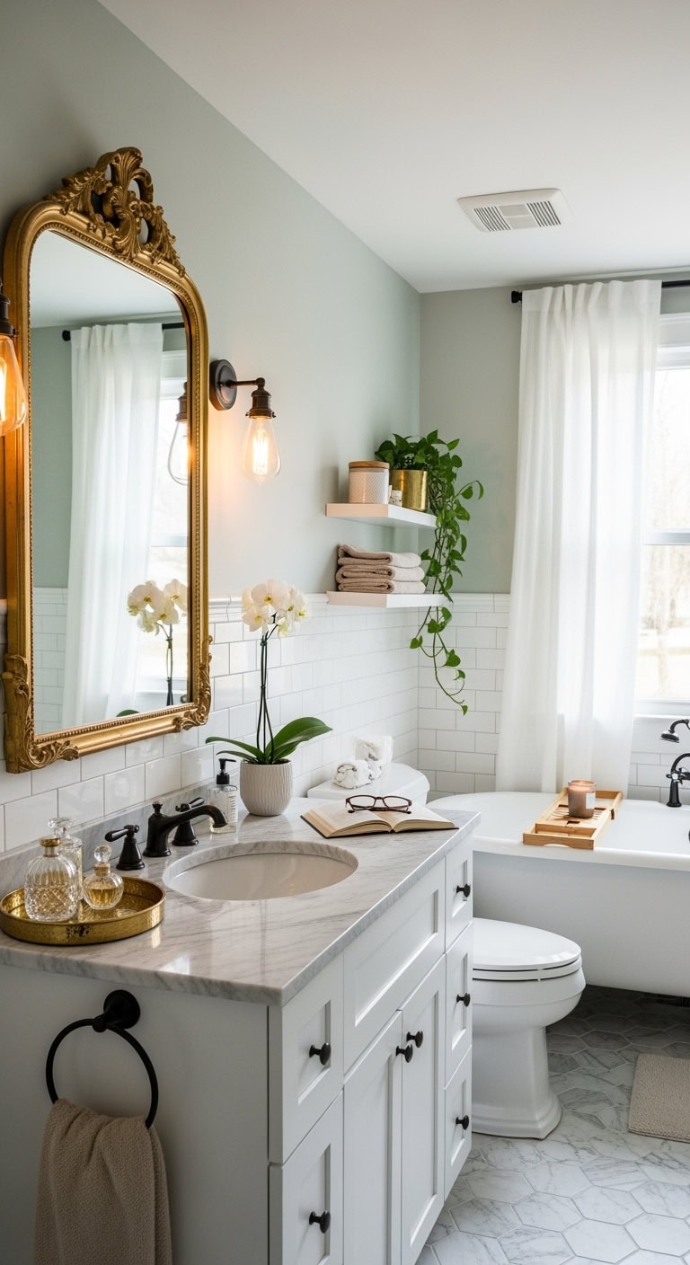 glamorous gold framed mirrors elevate bathroom decor