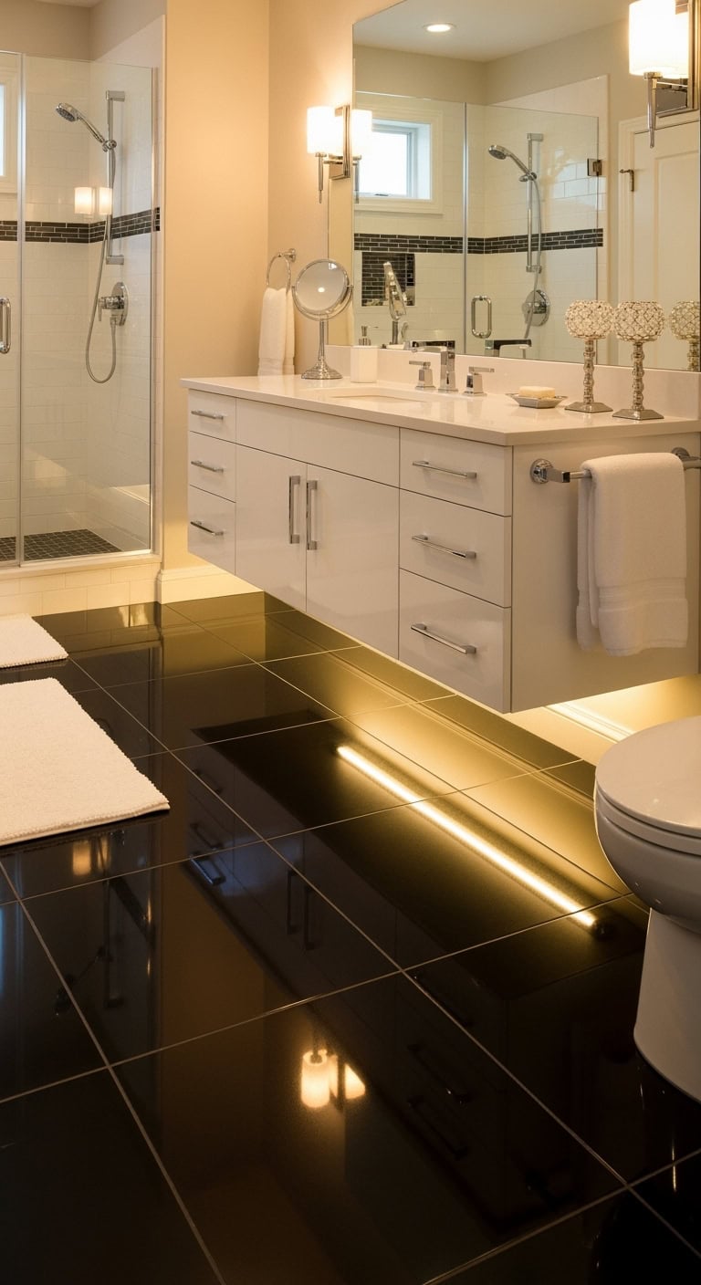 glamorous reflective sleek dramatic bathroom flooring