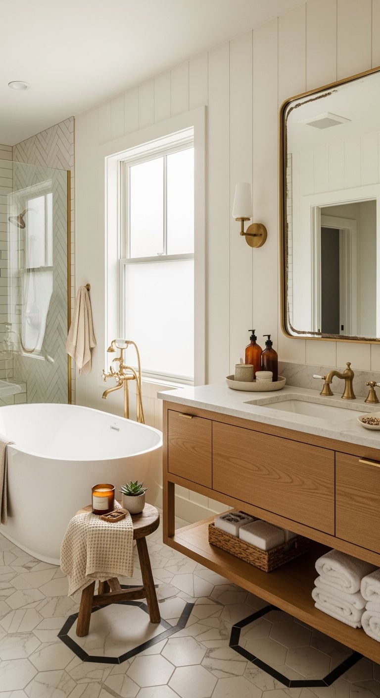 glowing sophisticated bathroom brass mirrors