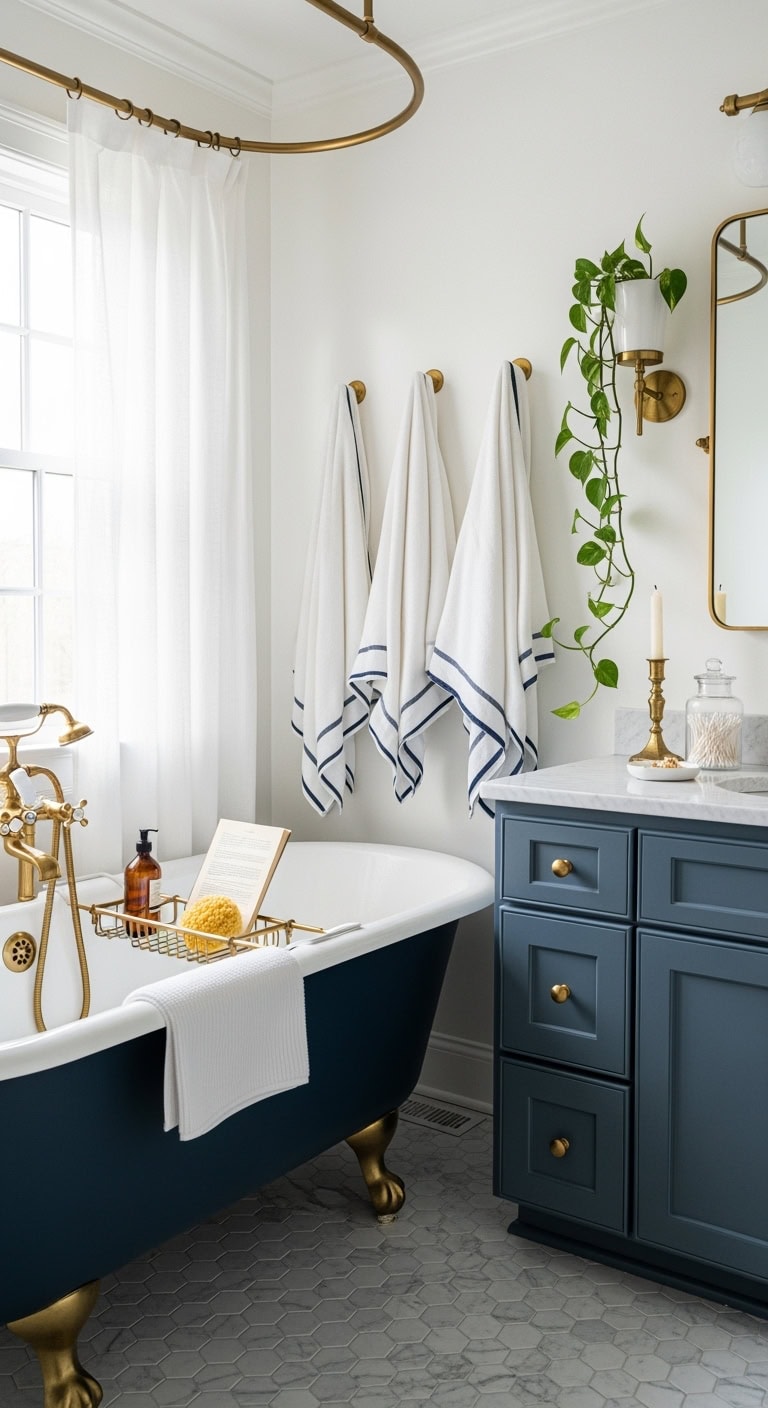 luxurious navy clawfoot tub statement