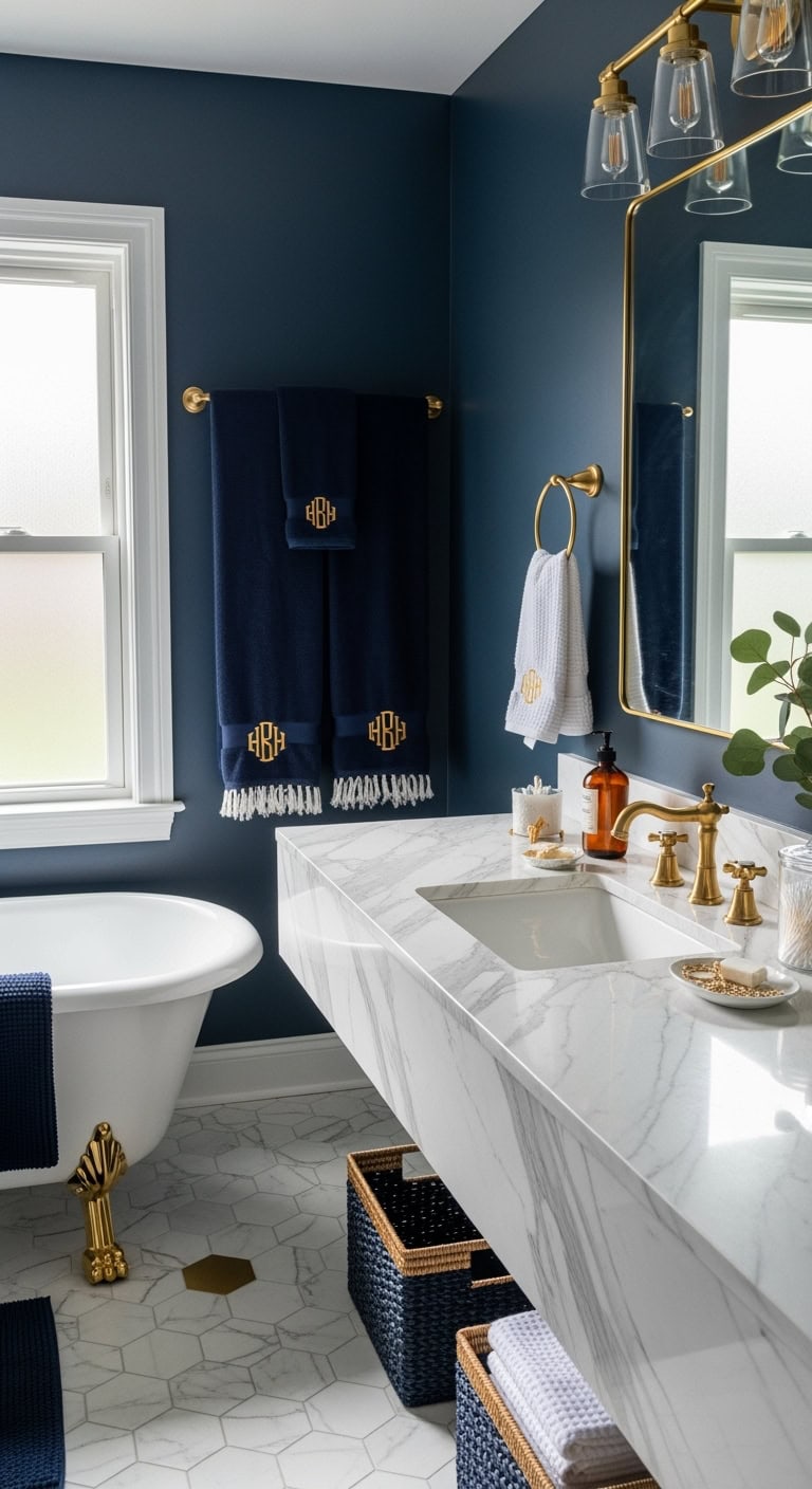 luxurious navy linens with gold monograms