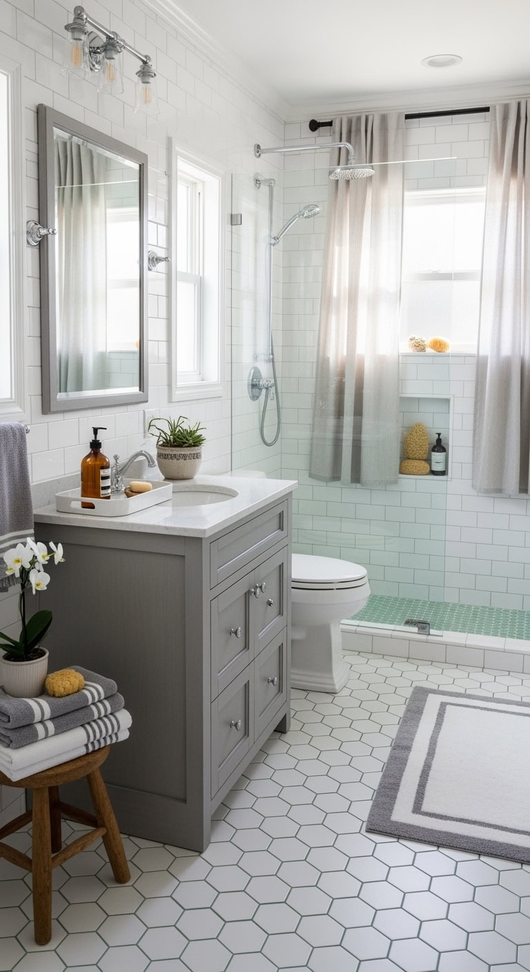 mermaid inspired minimalist bathroom grout