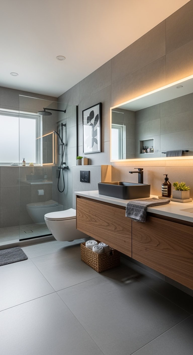 minimalist mirrored monochromatic bathroom design