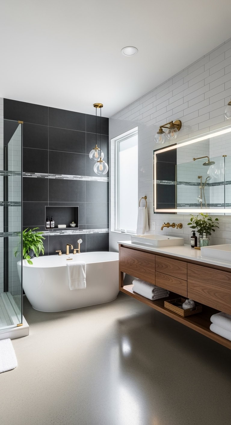moody sleek graphic sophisticated bathroom