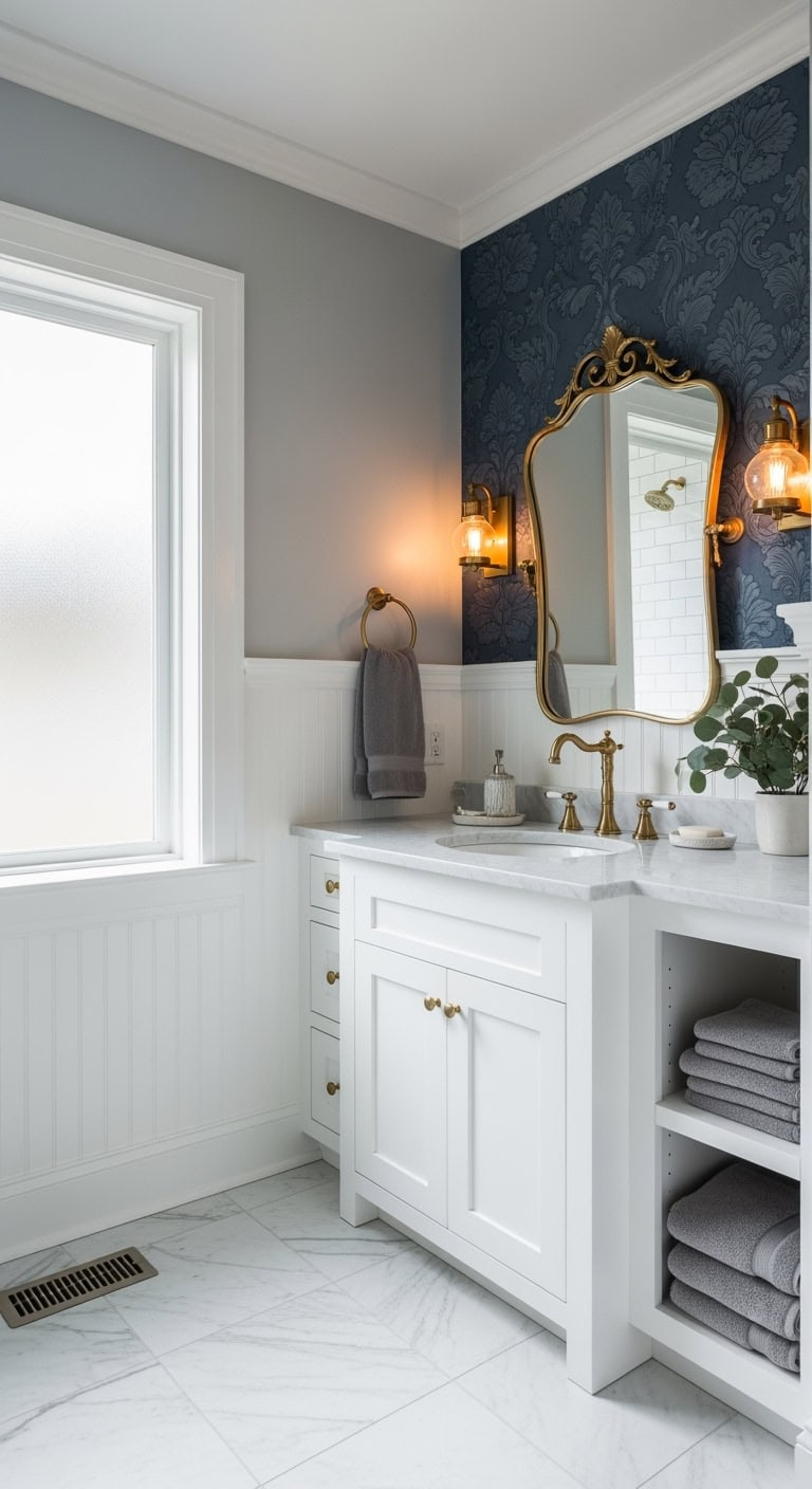moody vintage dramatic bathroom wallpaper