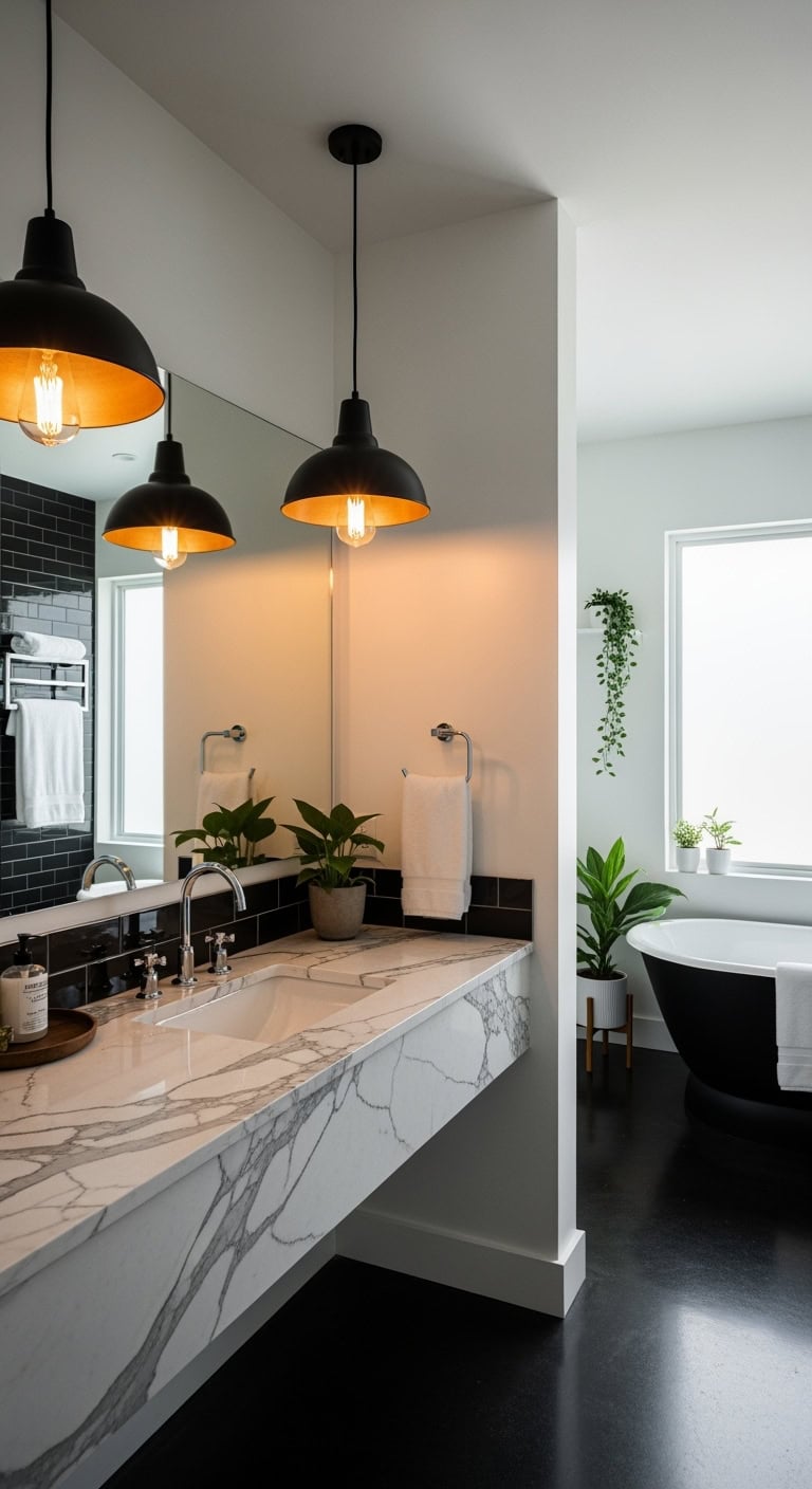moody warm mixed metal bathroom lighting