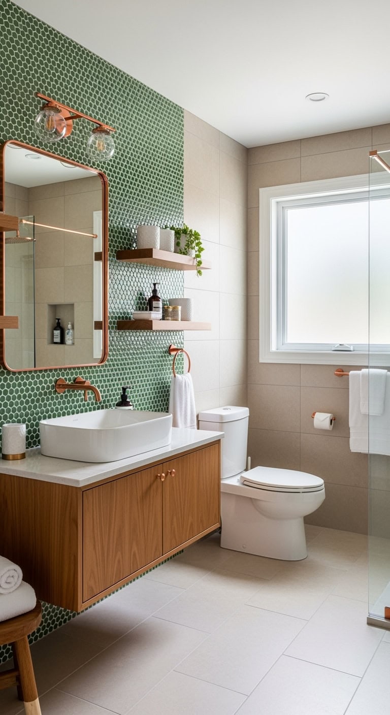 moss green penny tiles create warmth