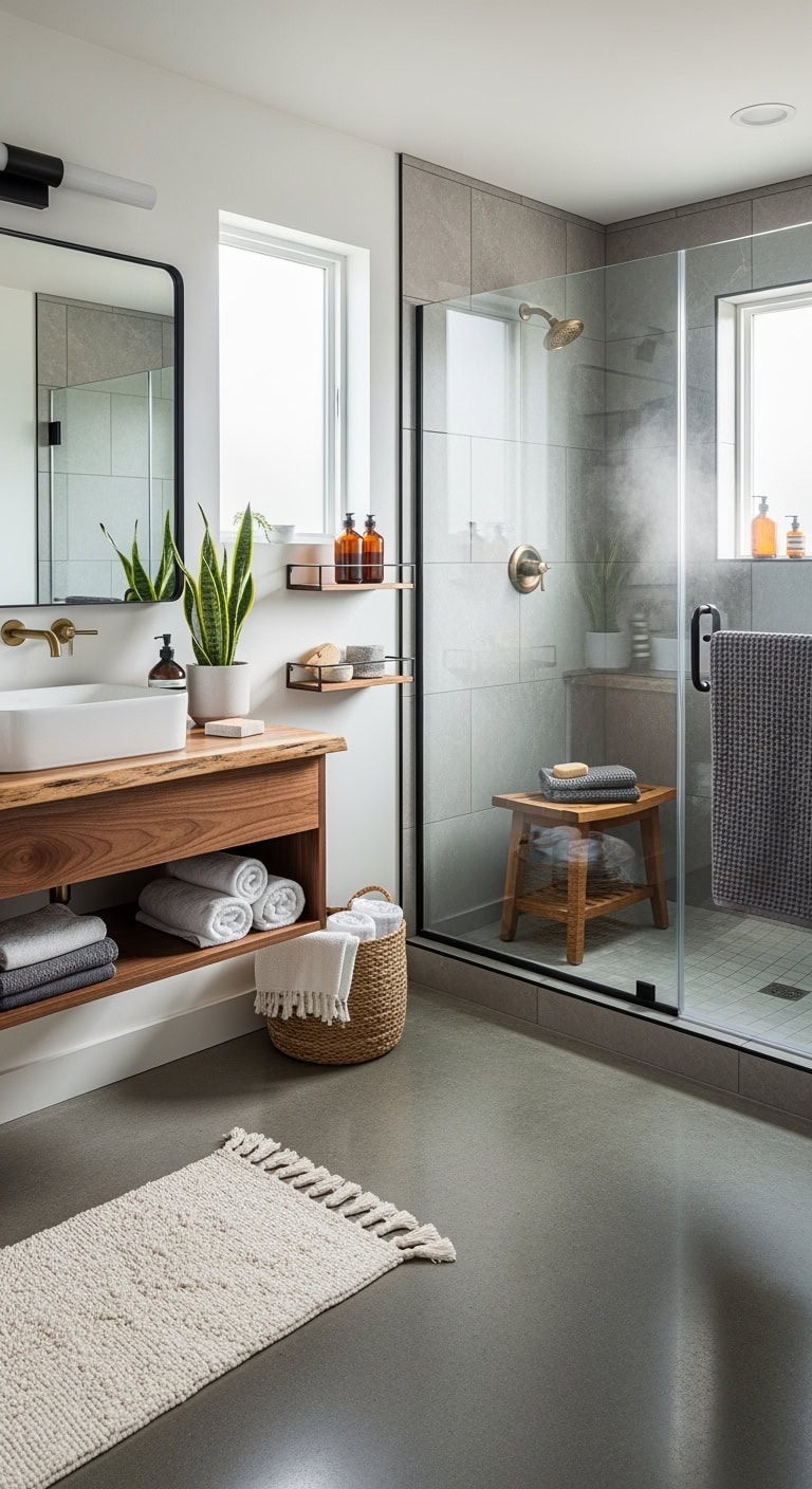 polished industrial chic bathroom concrete floors