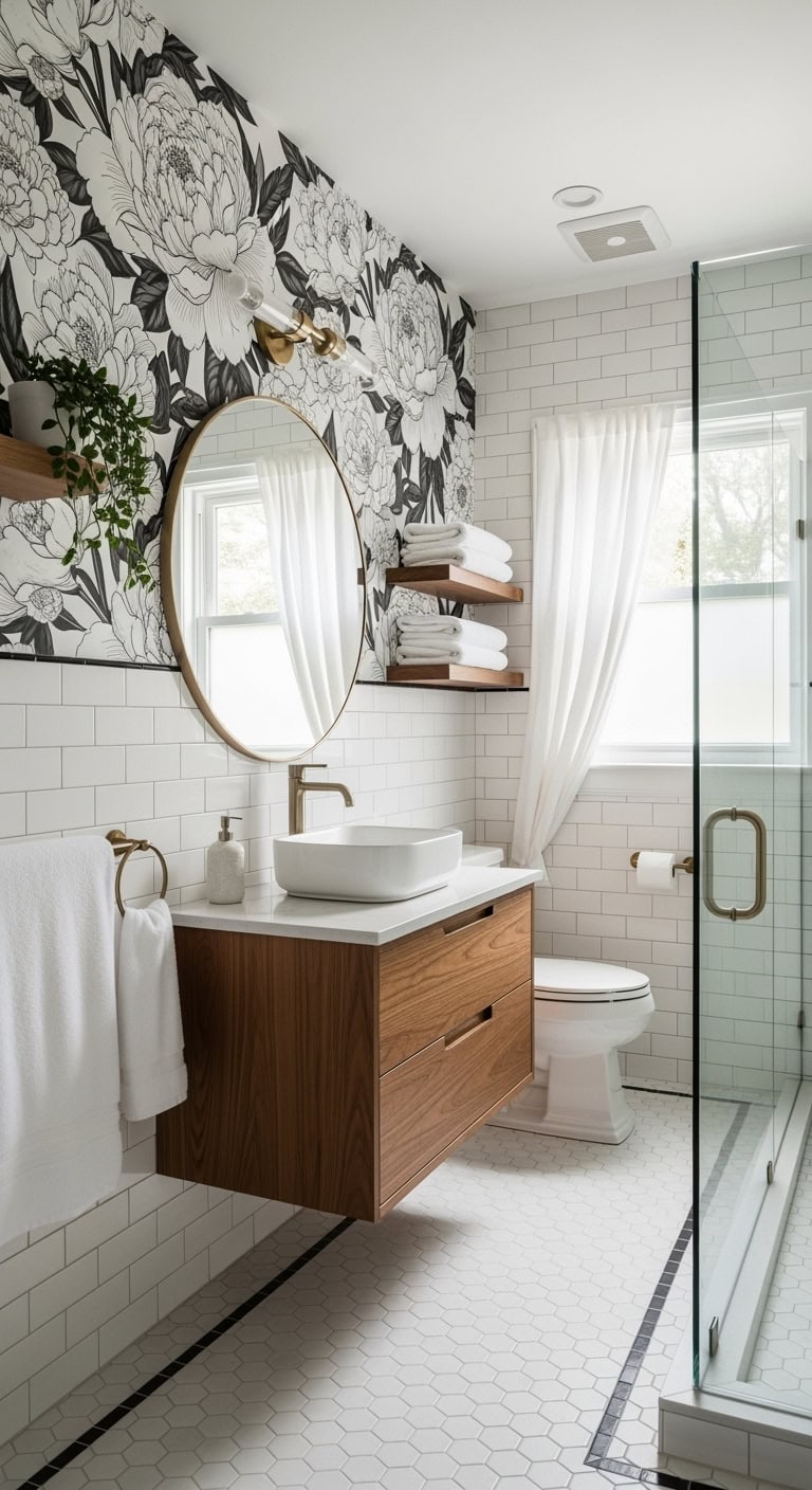 retro botanical bathroom tile accents