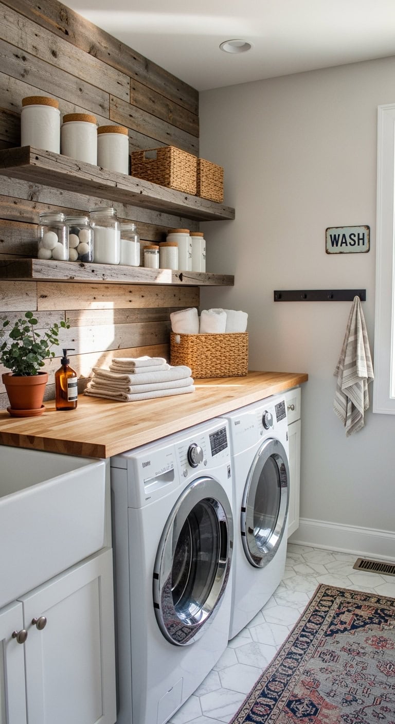 rustic reclaimed wood plank shelves