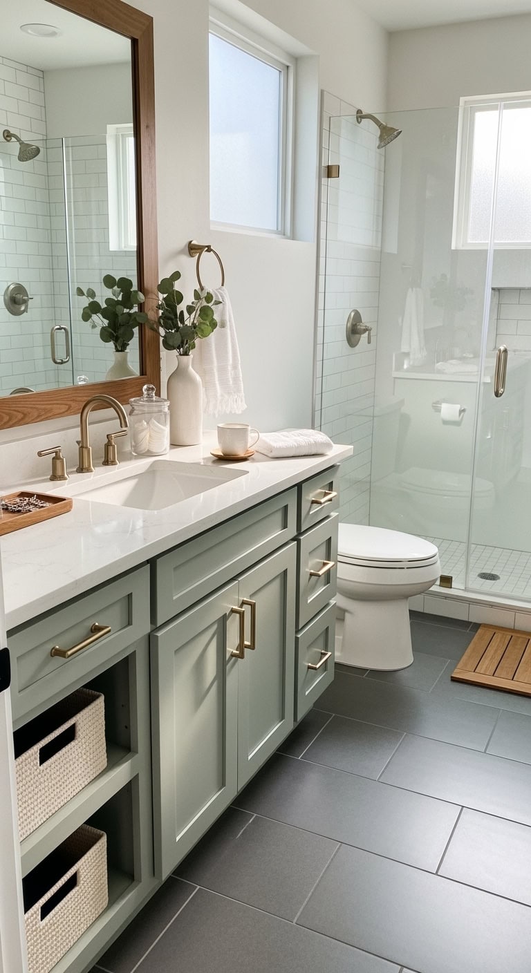 sage vanity large gray tiles gold accents