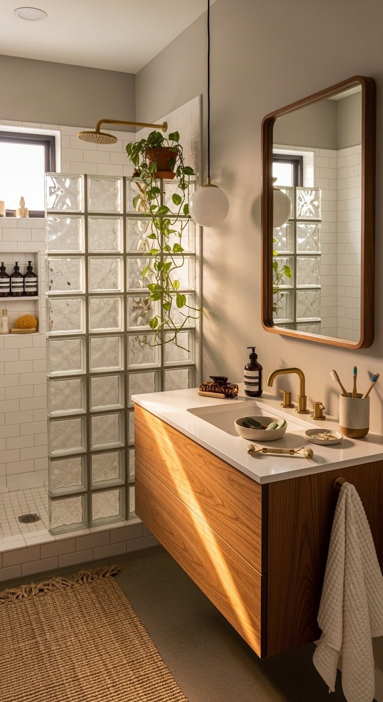 sepia tinted glass block shower dividers