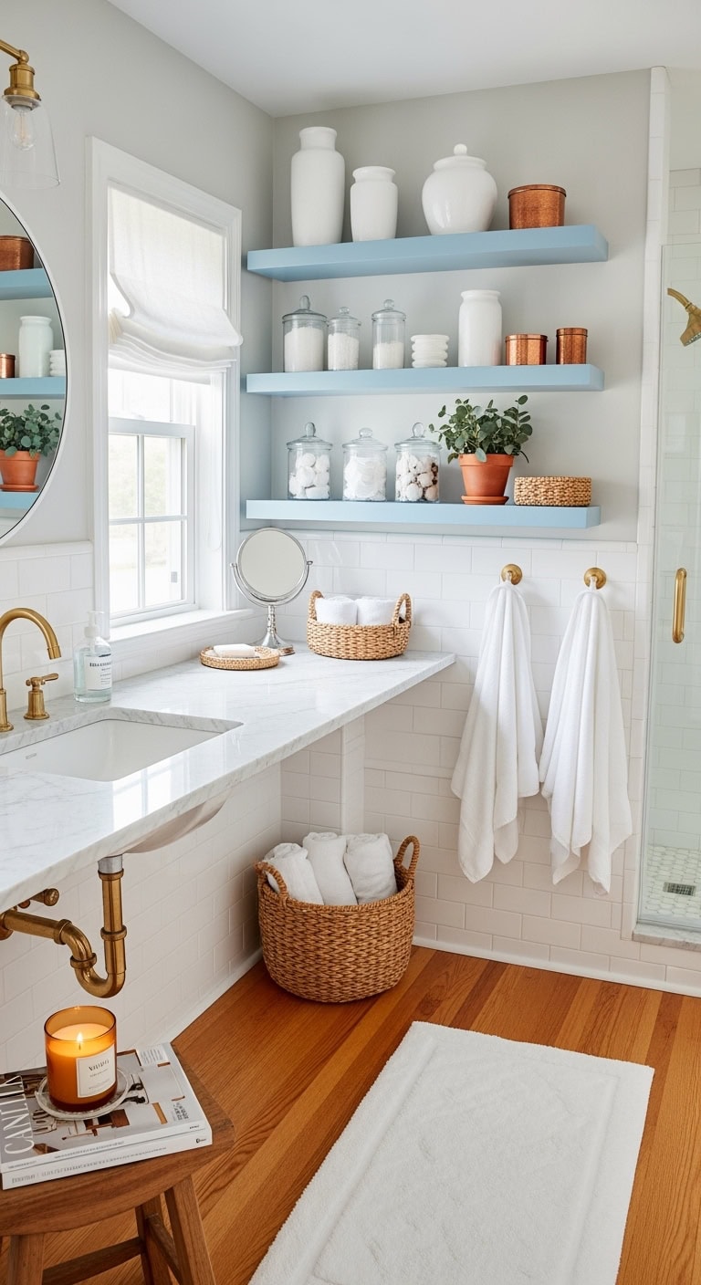 serene functional versatile bathroom shelving