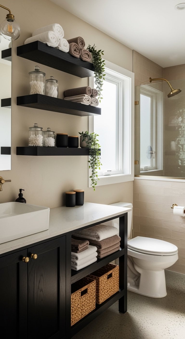 sleek cohesive functional bathroom shelving