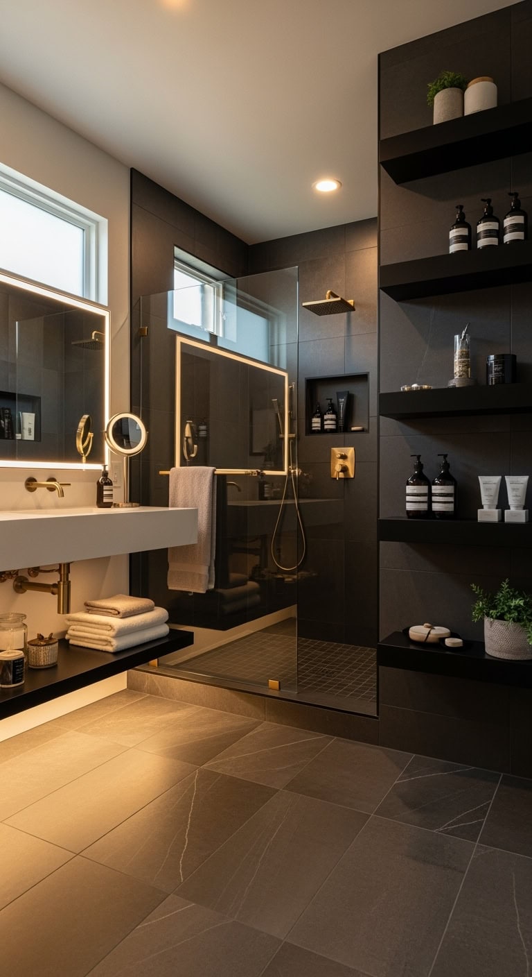 sleek minimalist space saving shower shelves