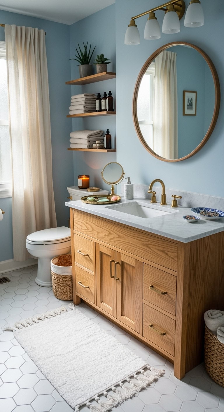 soothing chic powder blue bathroom haven