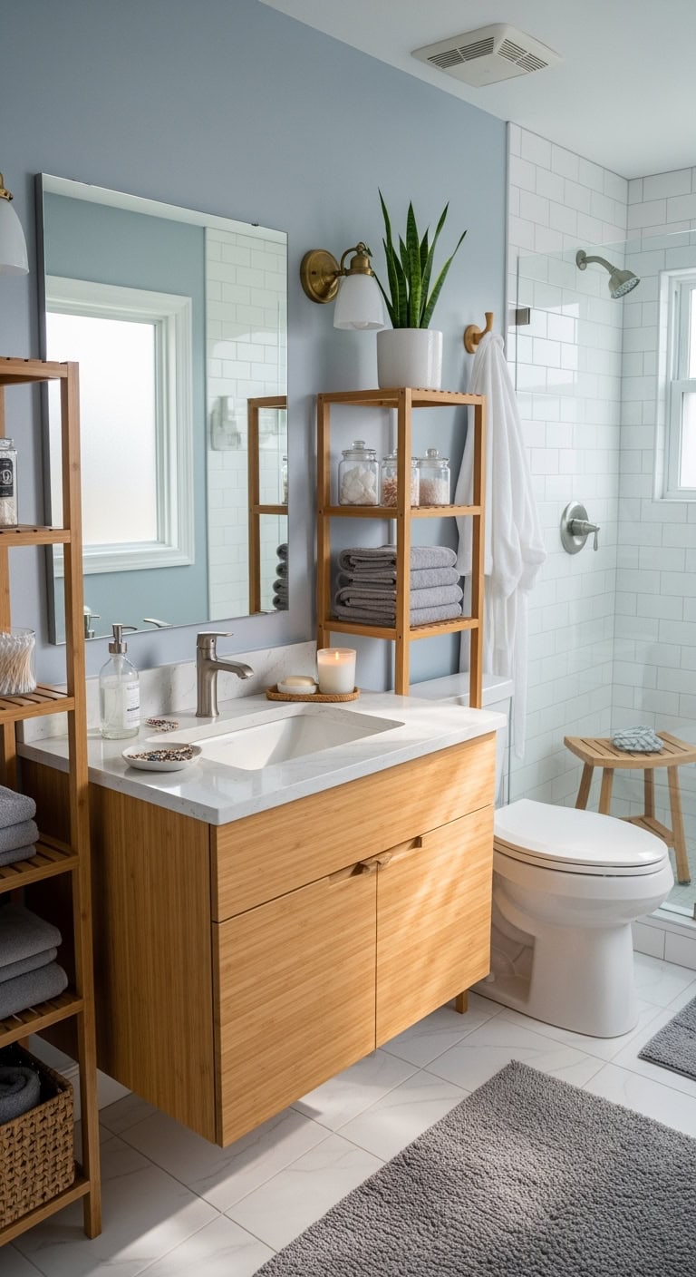 soothing zen meets prep bathroom aesthetic