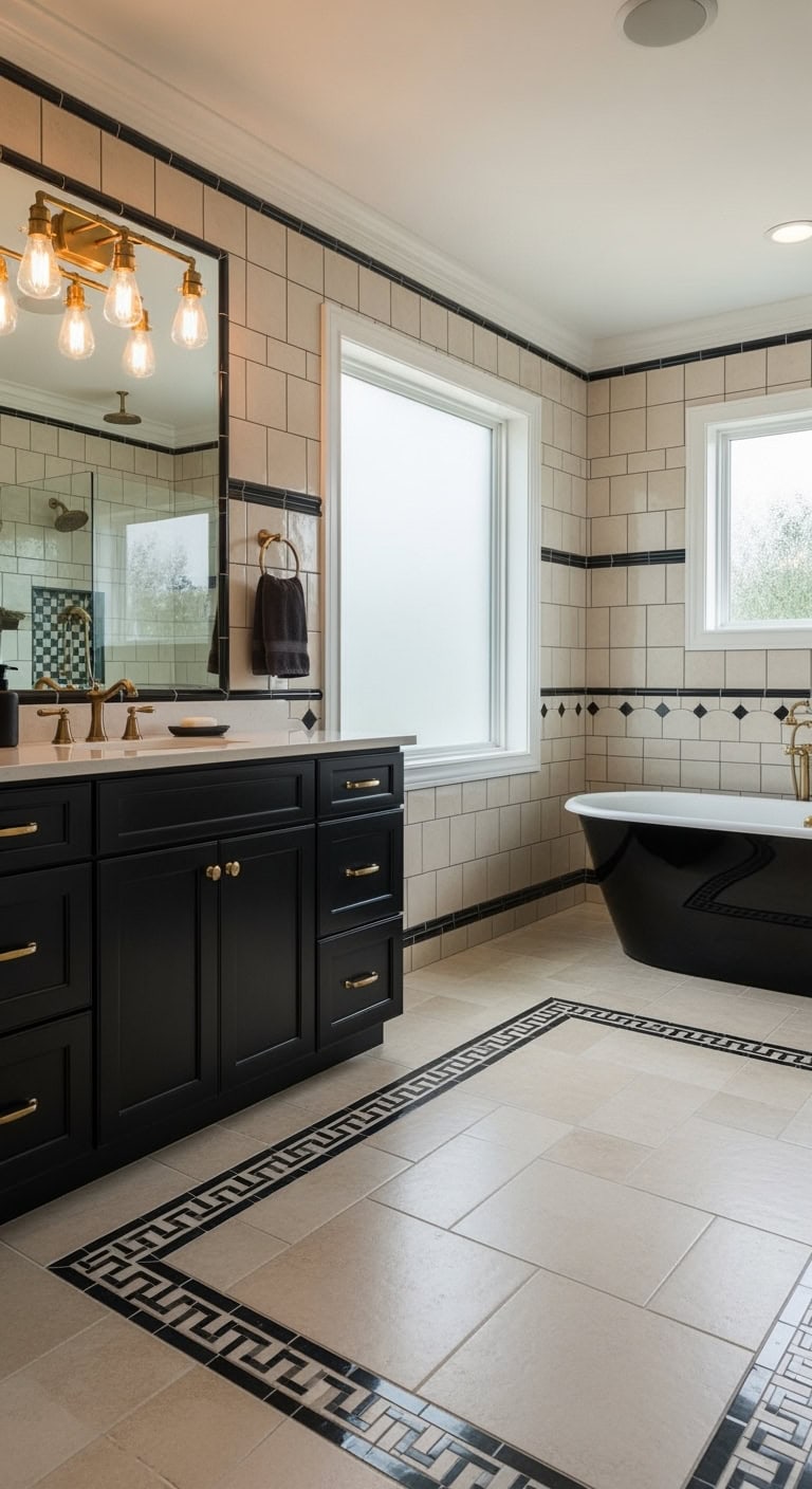 sophisticated charcoal grout bathroom design