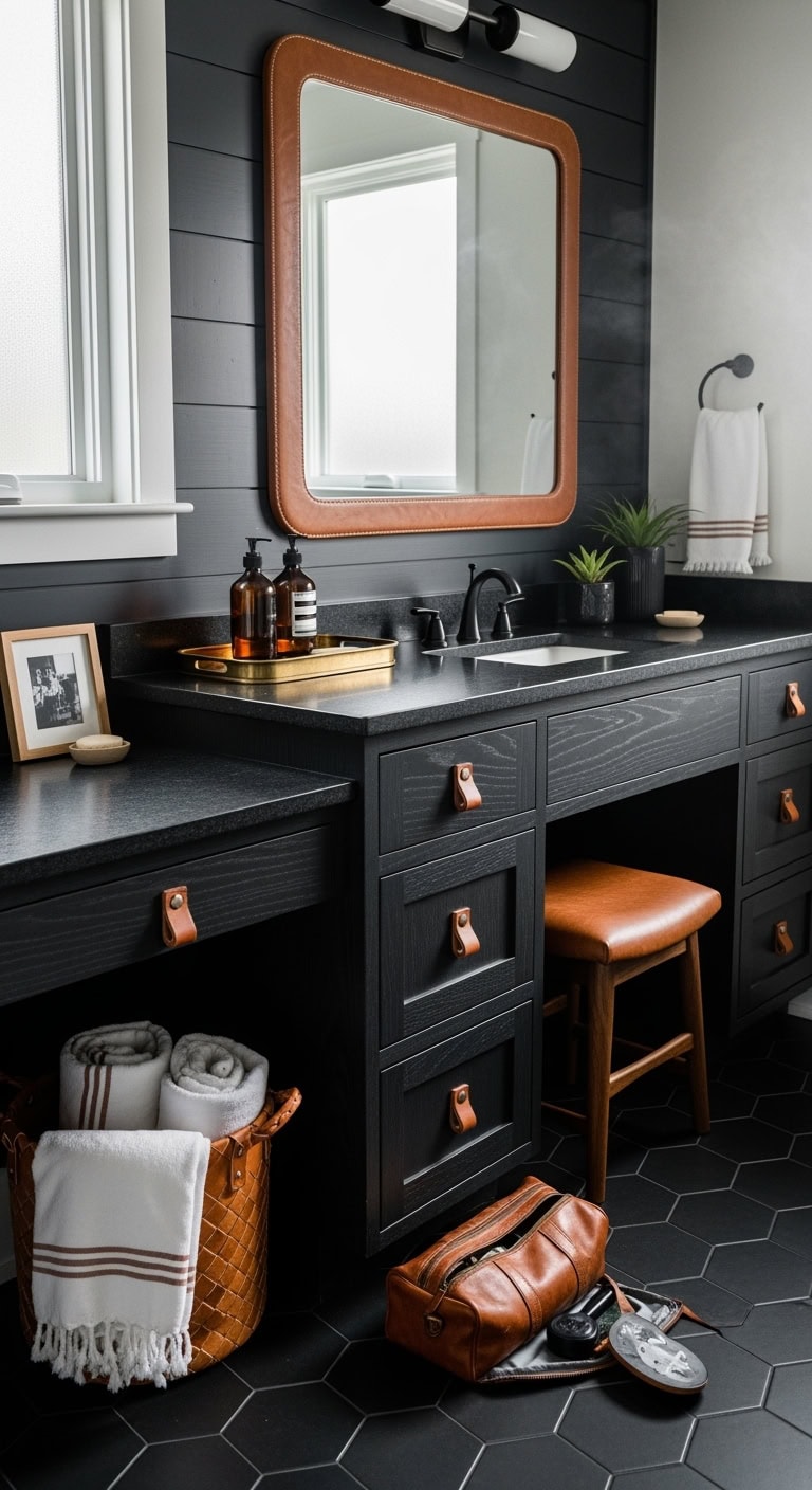 sophisticated leather accents ebony bathroom aesthetic
