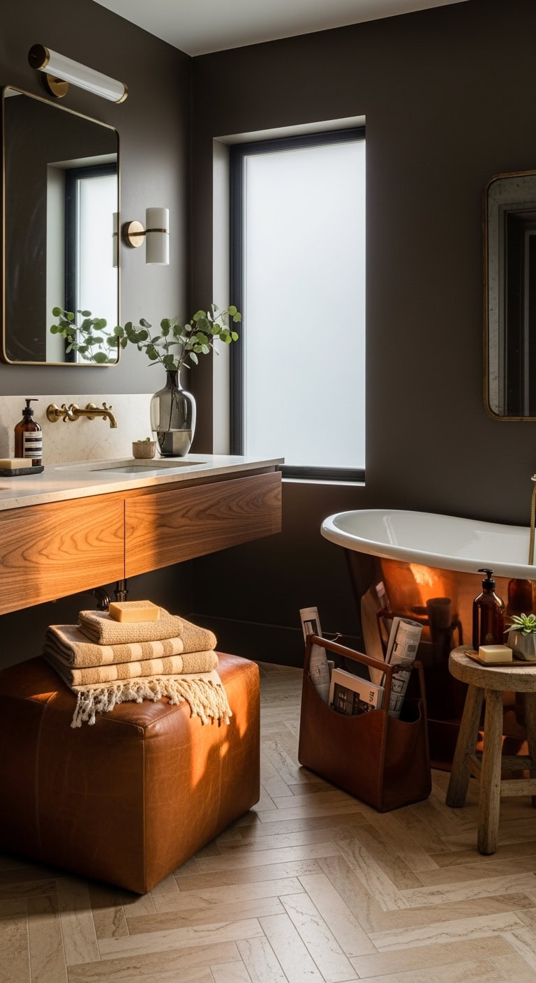 sophisticated luxurious bathroom leather accents