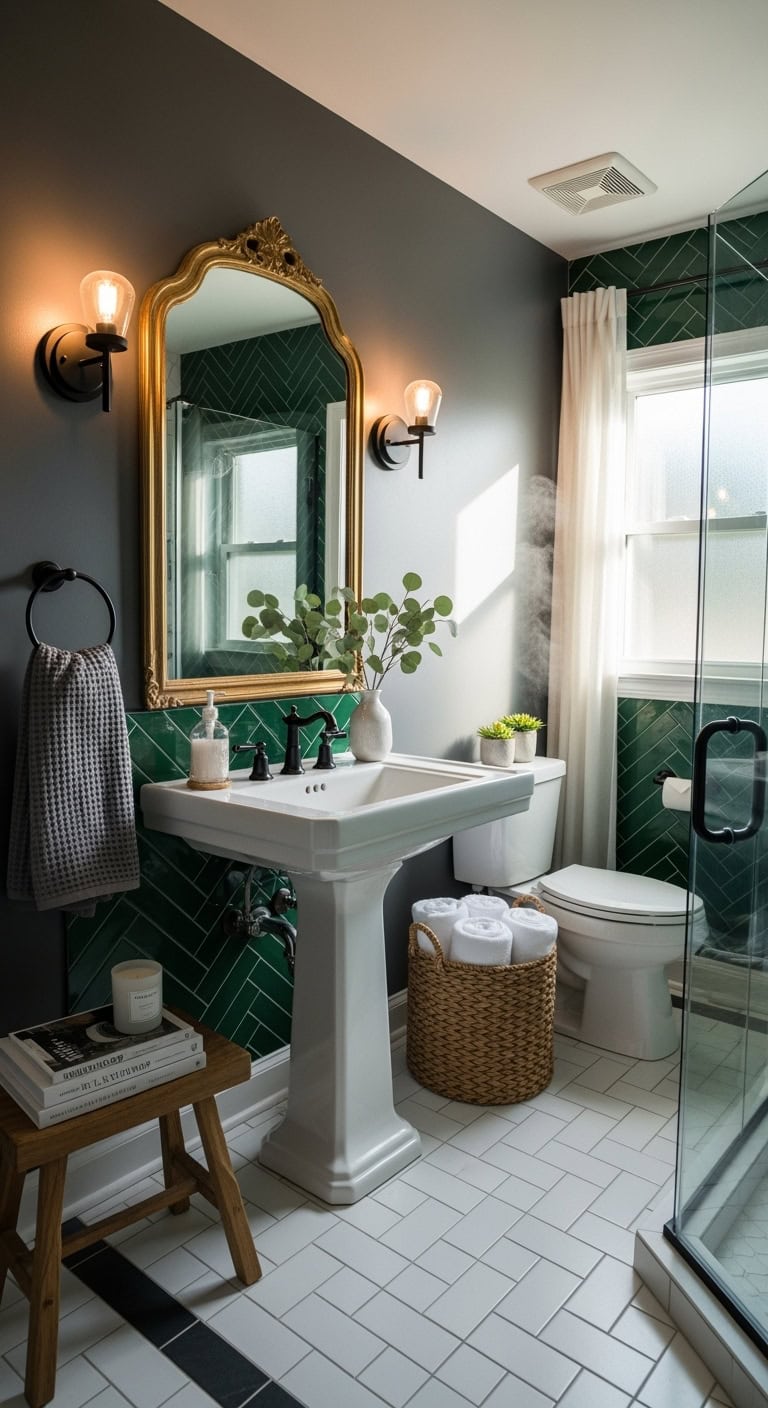 sophisticated moody forest green chevron bathroom