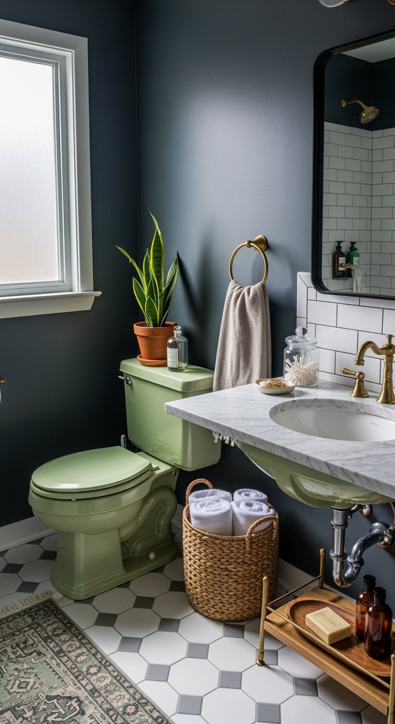 sophisticated retro avocado meets graphite bathroom statement