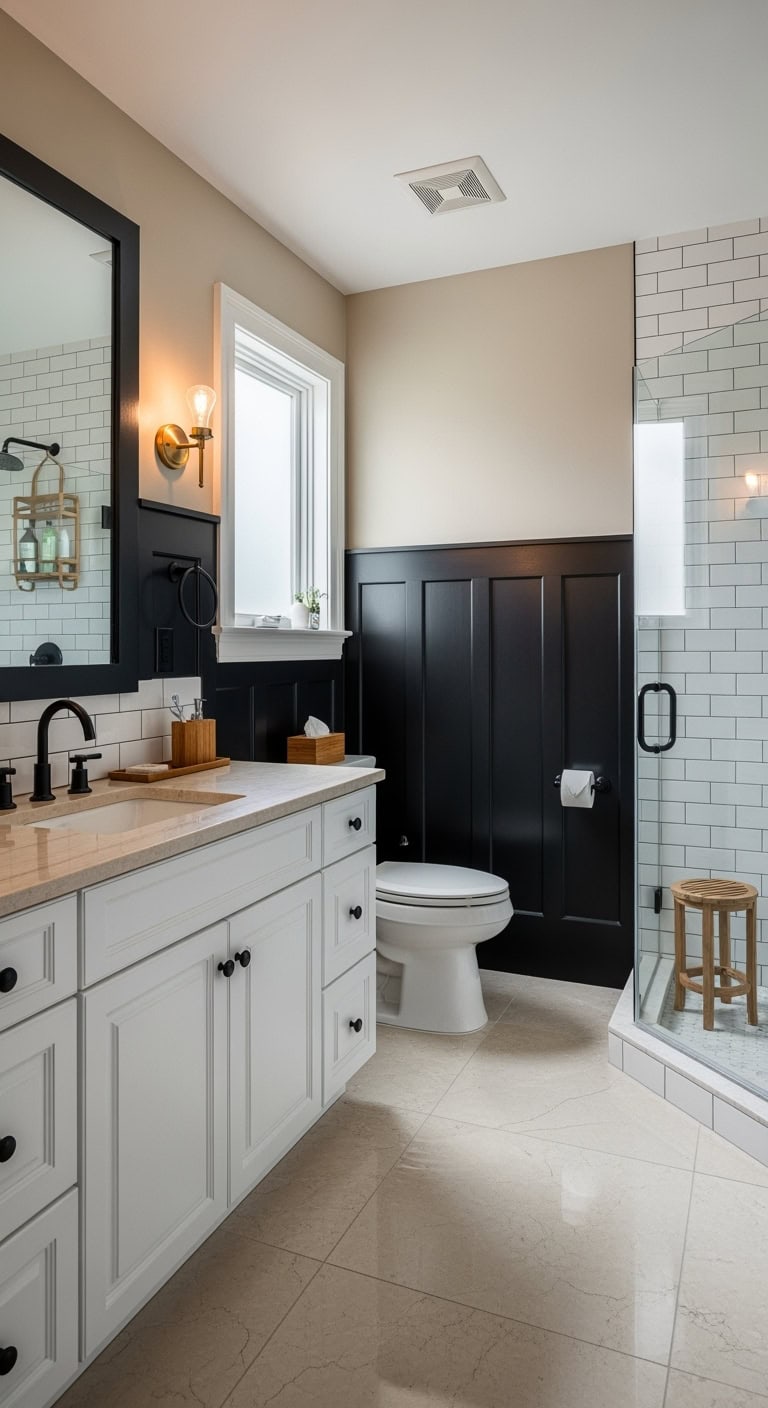 sophisticated tuxedo bathroom with organic texture