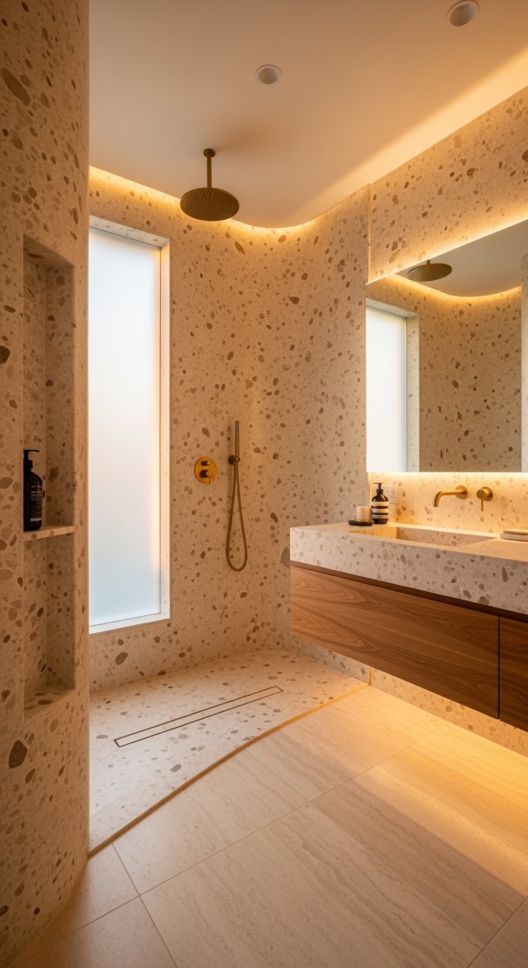 spa like curved beige terrazzo shower