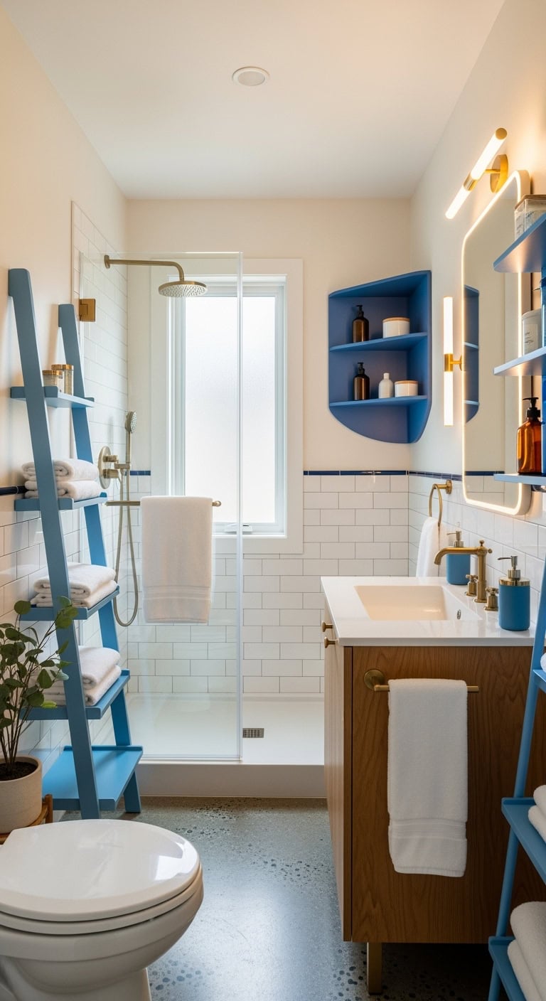 stylish space saving blue corner shelving